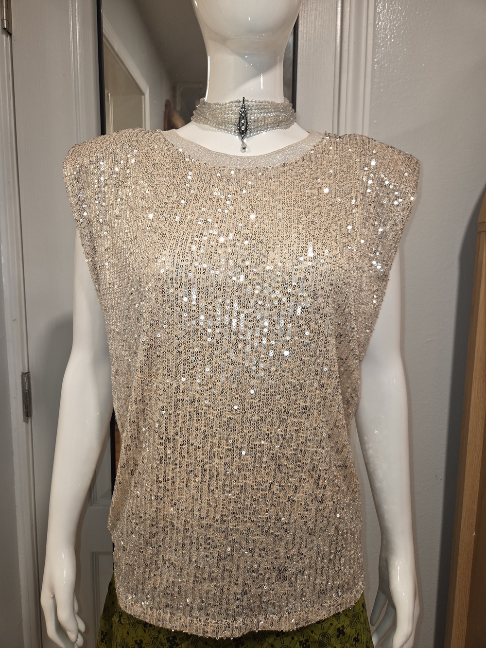 Anthropologie Sequined Sleeveless Tank in Champagne Beige Sz L